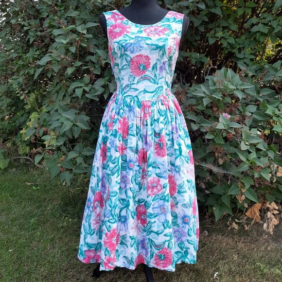 VTG 80s Honors Backless Floral Fit & Flare Dress S - Picture 2 of 16